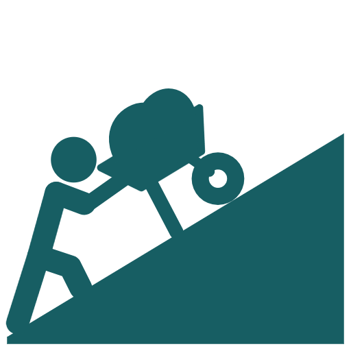 Person pushing a loaded wheelbarrow up a steep slope